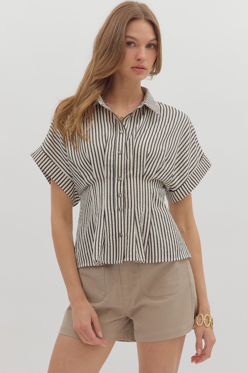S/S Striped Front Pleated Top, Size: S, Color: BLACK