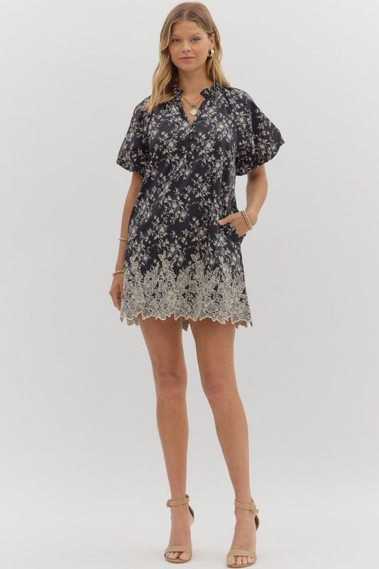 Floral Prt Mini Dress W/Embroidered Hem