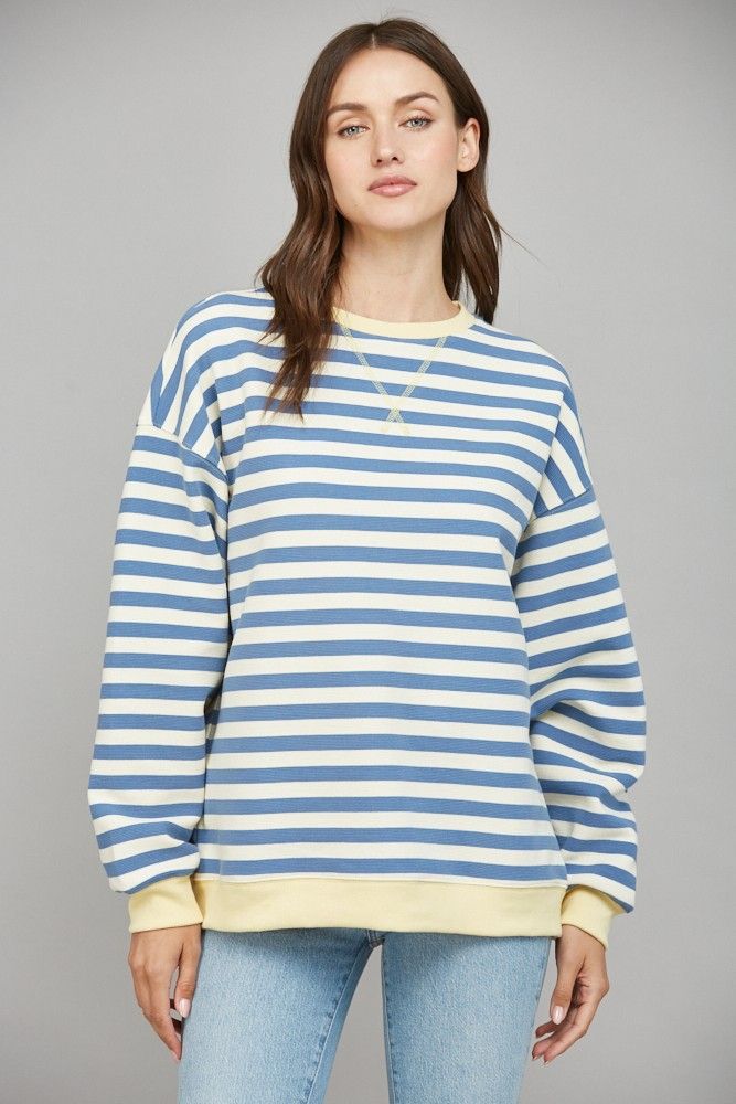 Stripe Oversized Sweatshirt, Color: BLUE/YW, Size: S