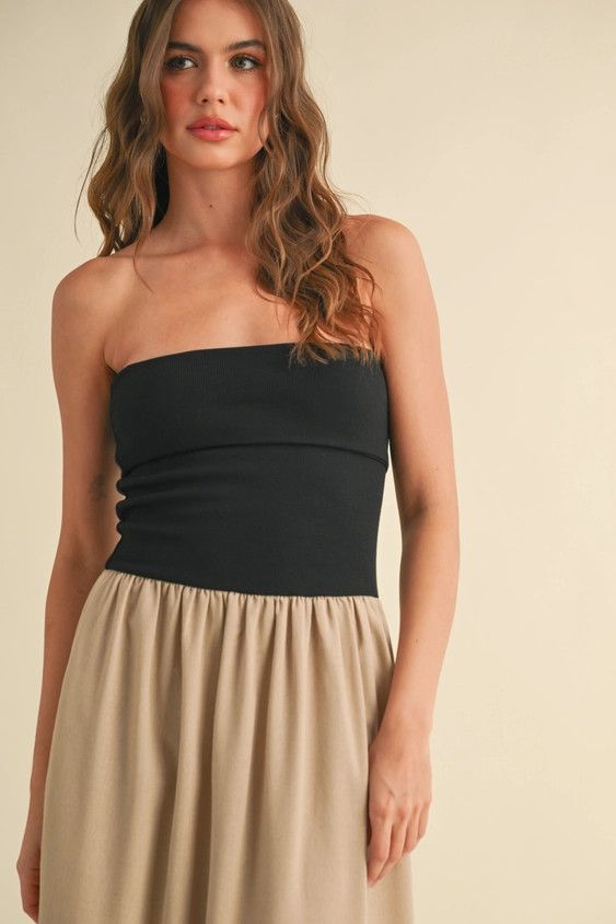 Linen with Ribbed Knitted Top Combo Dress, Color: BLACK/TAN, Size: S