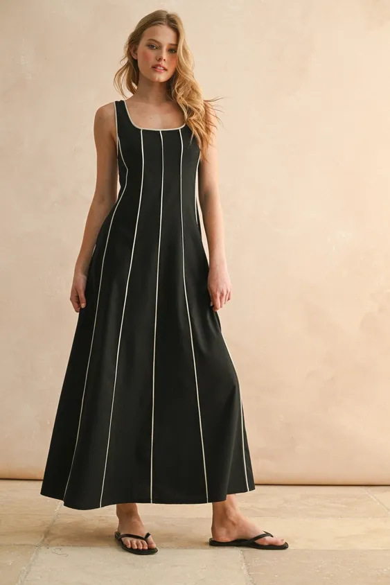 Piping Detailed Panel Long Dress