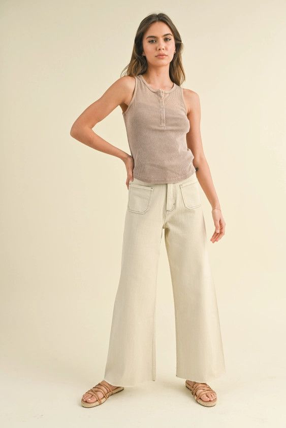 Straight Wide Leg Pants with Front Pkt, Color: WASHED BEIGE, Size: S