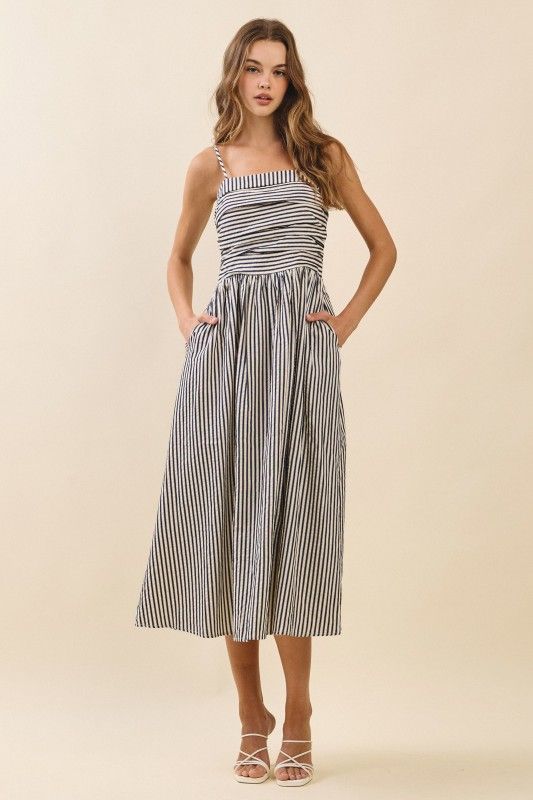 Striped Fitted Ruched Bodice Midi Dress, Color: BLK, Size: S