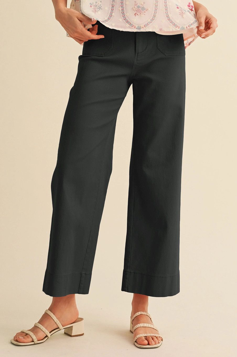 High Waist Cropped Wide Leg Pants, Color: BLK, Size: S