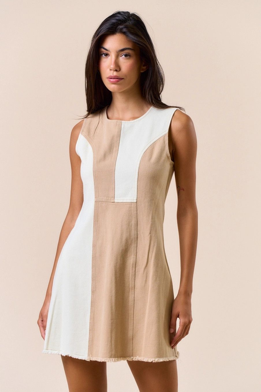 Colorblock Denim Mini Dress, Color: CREAM/LT TAUPE, Size: S