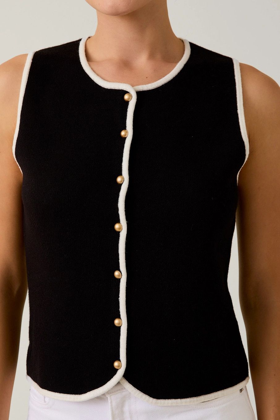 Crew Neck S/L Knit Button Vest, Size: S, Color: BLACK