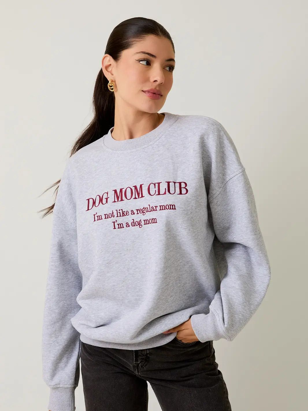 Dog Mom Embroidered Fleece Sweatshirt, Color: HTHR GREY, Size: S