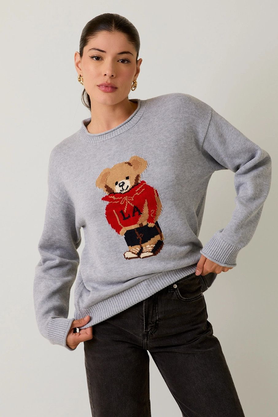 Roll up Neck Hoodie Bear Sweater, Color: HGREY, Size: S