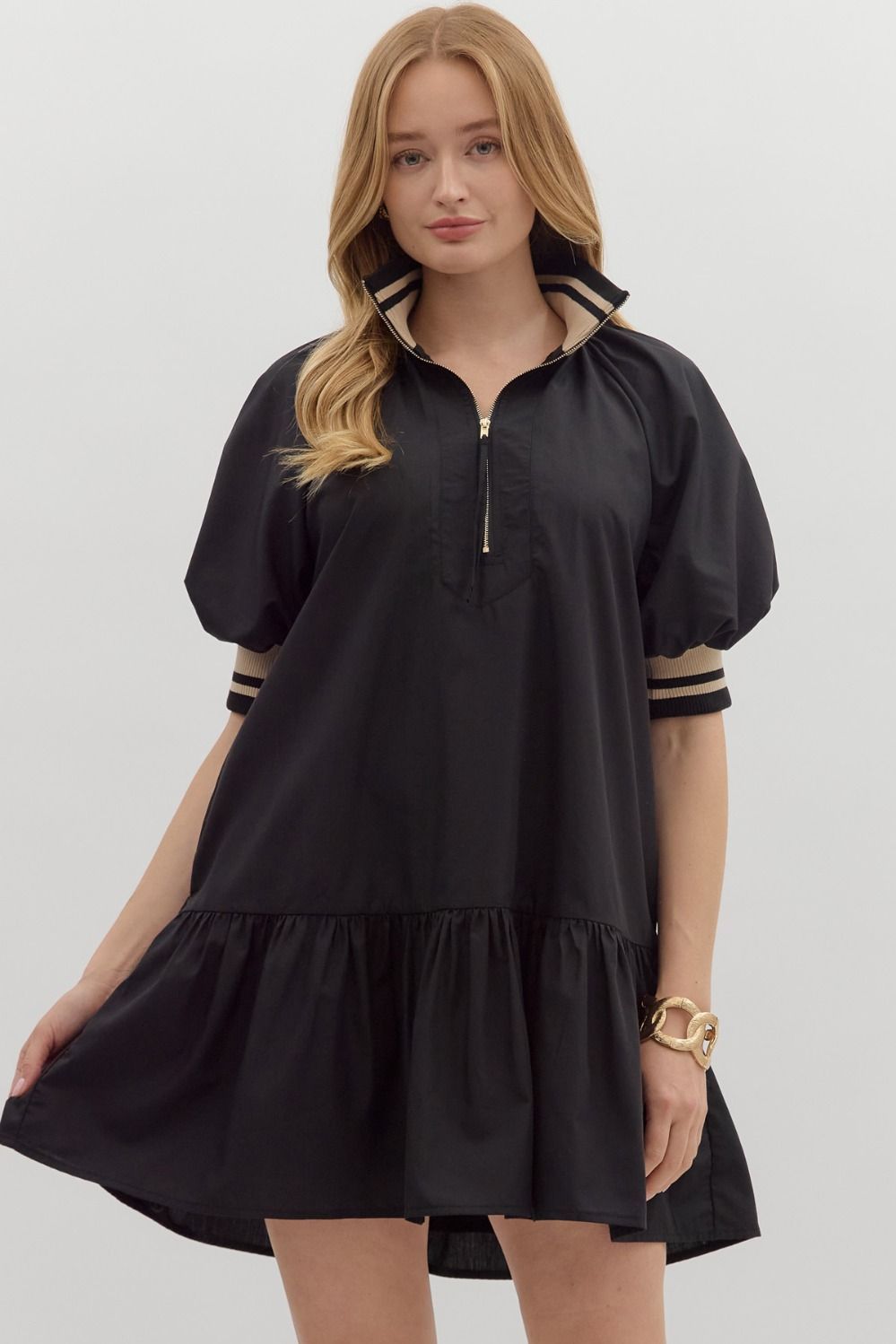 Puff Slv Ruffle Hem Mini Dress, Color: BLACK, Size: S