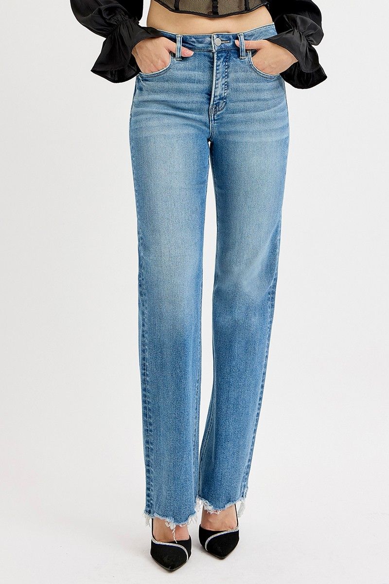 Tummy Control High Rise Wide Leg Raw Cut Hem Jeans, Color: MEDIUM, Size: 0
