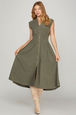 Corduroy Drop Shoulder Front Zip Midi Dress
