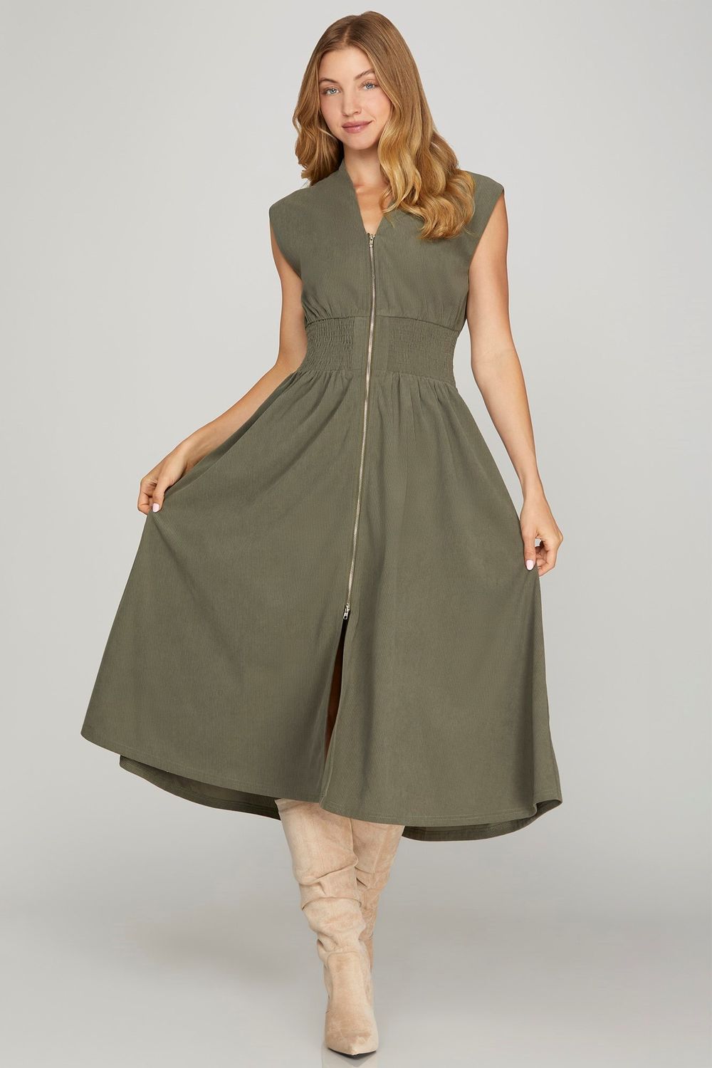 Corduroy Drop Shoulder Front Zip Midi Dress, Color: OLIVE, Size: S