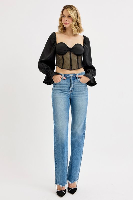 Tummy Control High Rise Wide Leg Raw Cut Hem Jeans