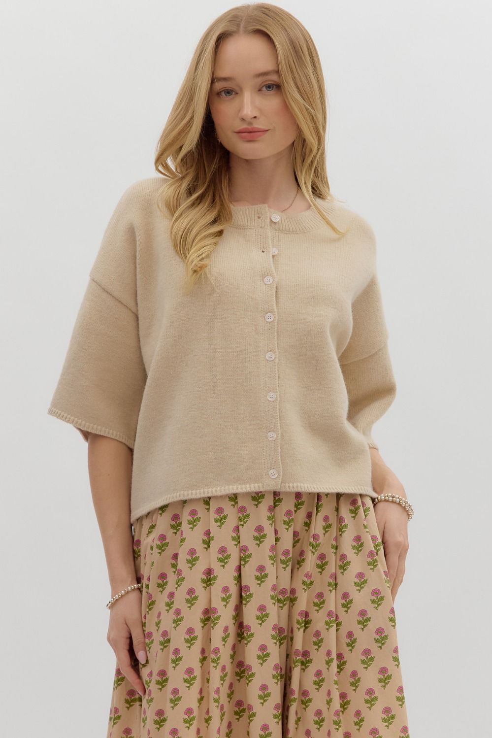 3/4 Wide Slv Button Cardigan, Size: S, Color: ECRU