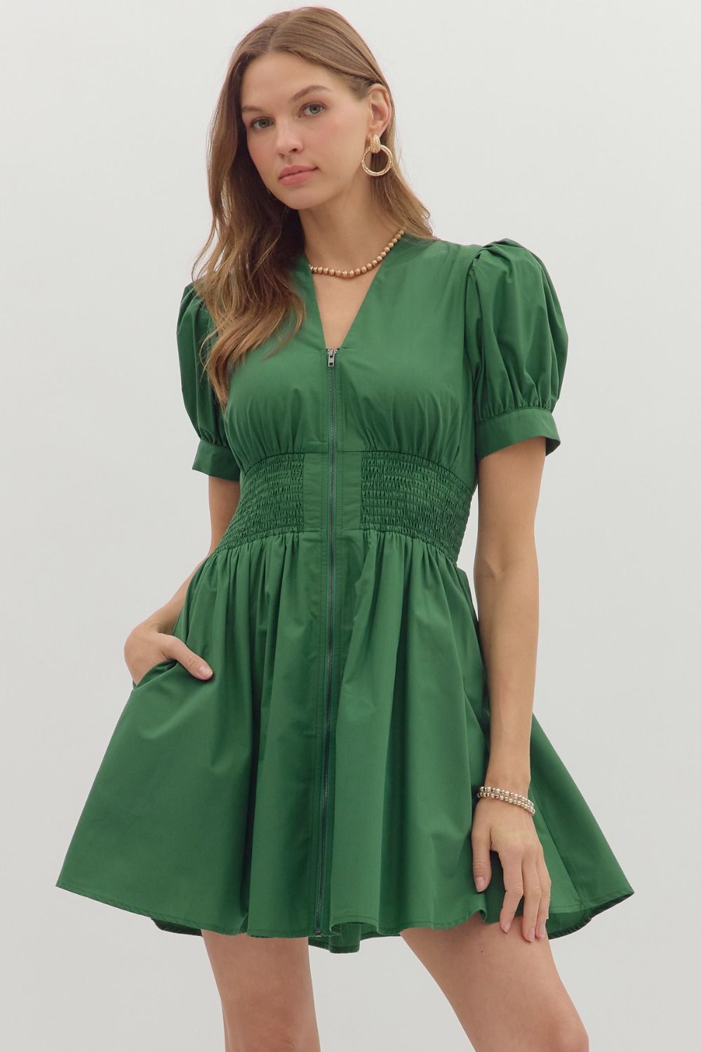 Puff S/S Front Zip Mini Dress, Color: HUNTER GREEN, Size: S
