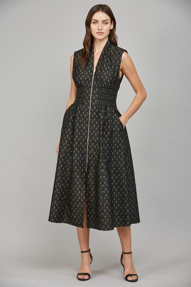 Print Vneck Front Zip Midi Dress, Color: BLACK, Size: S