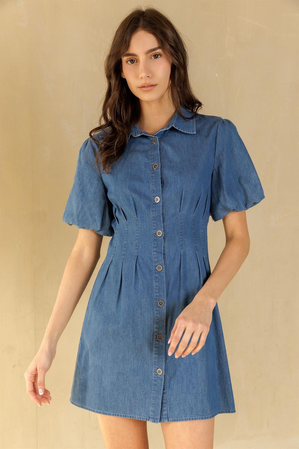 Puff Slv Denim Mini Dress, Color: BLUE, Size: S