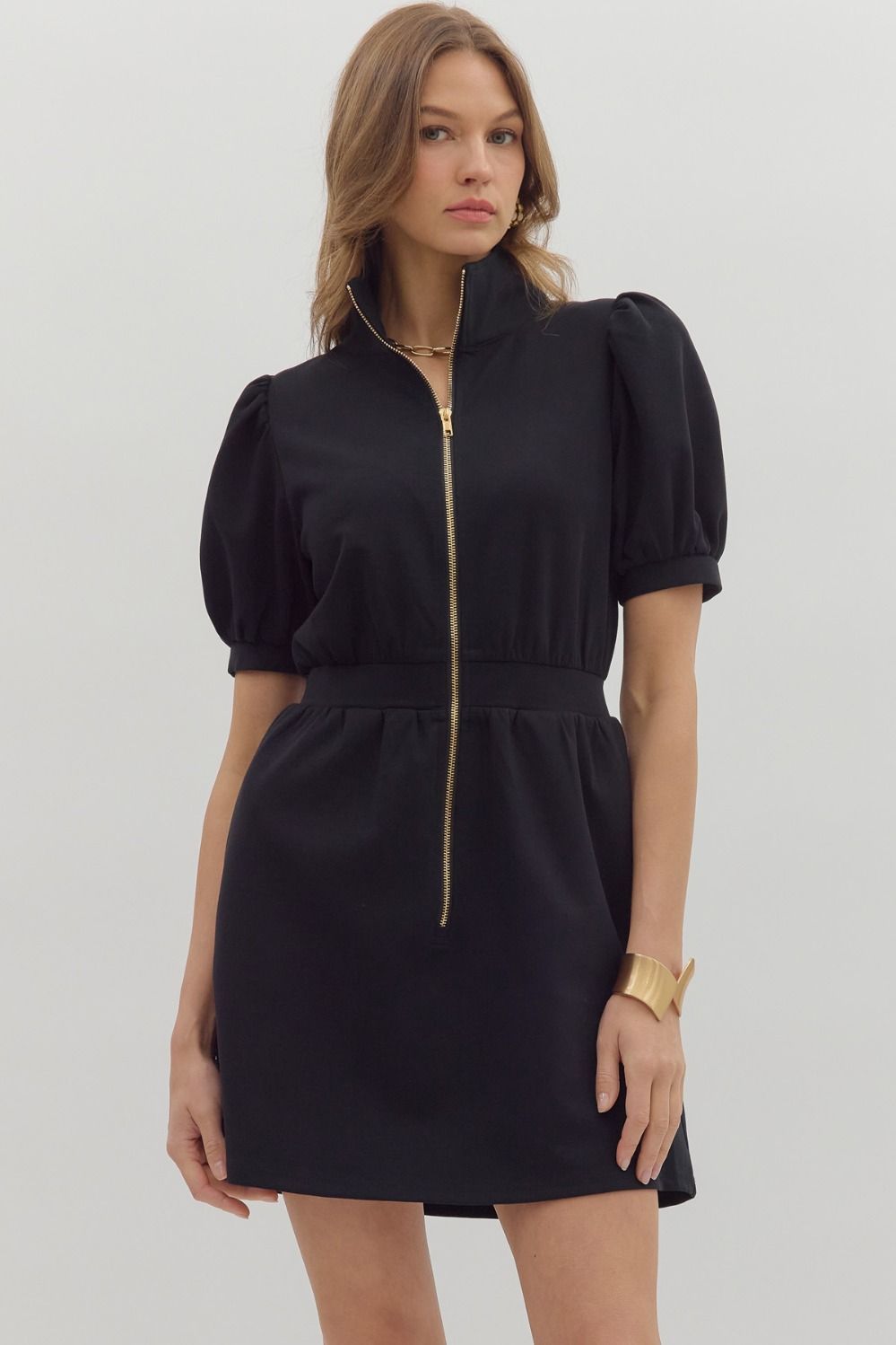 Puff S/S Knit Zipper Mini Dress, Color: BLACK, Size: S