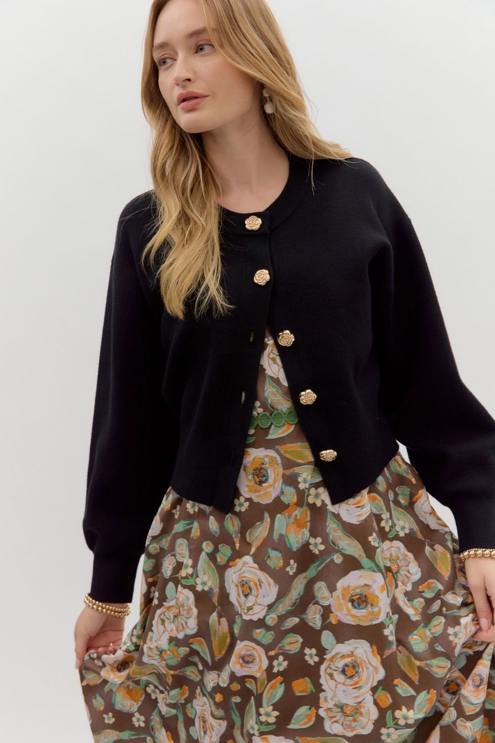 Sweater Cardigan W/Gold Button Accents, Color: BLACK, Size: S