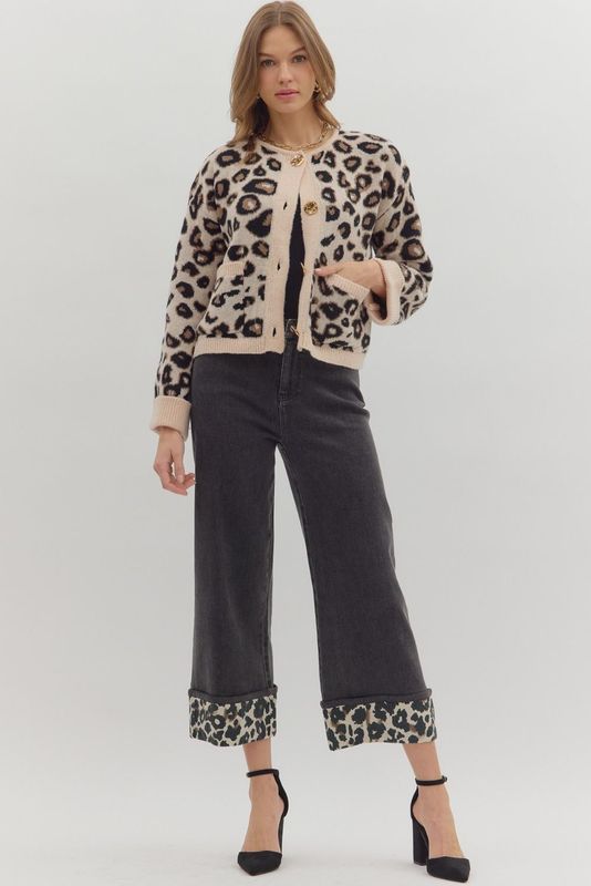 Animal Prt Sweater Cardigan W/Gold Buttons