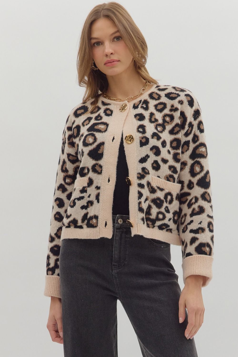 Animal Prt Sweater Cardigan W/Gold Buttons, Color: TAUPE, Size: S