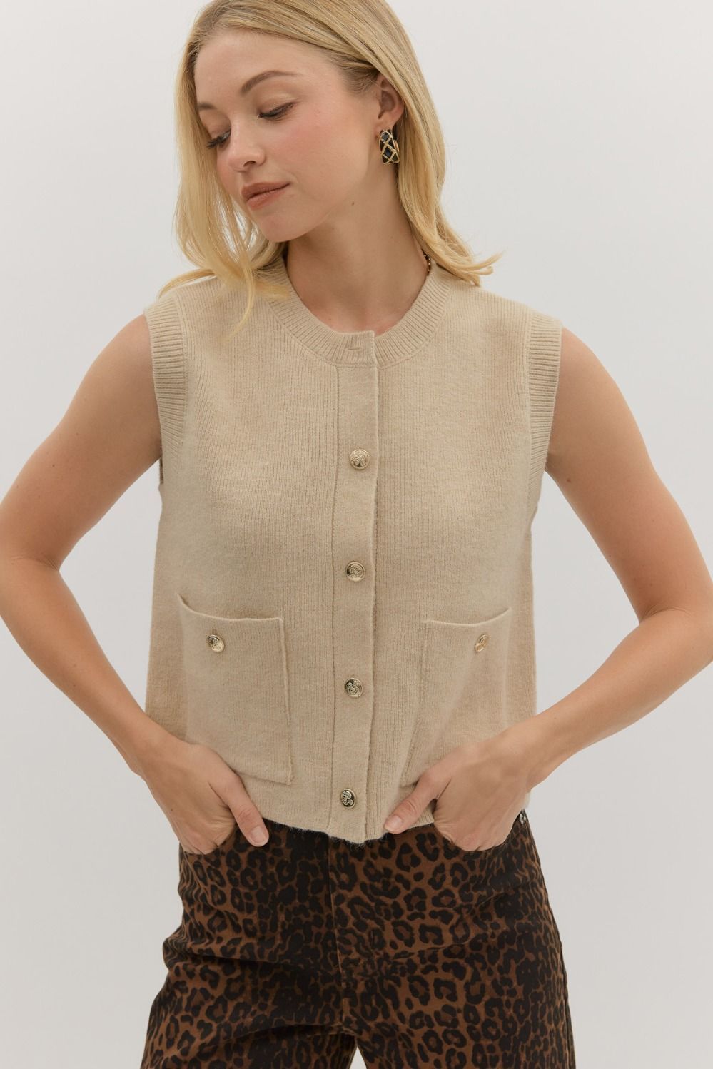 Sweater Vest W/Gold Buttons, Color: ECRU, Size: S