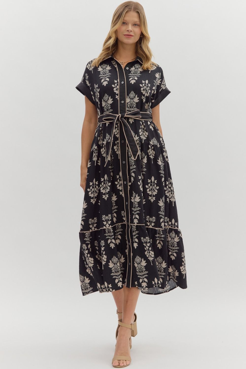 Botanical Prt Piping Trim Det Midi Dress, Color: BLACK, Size: S