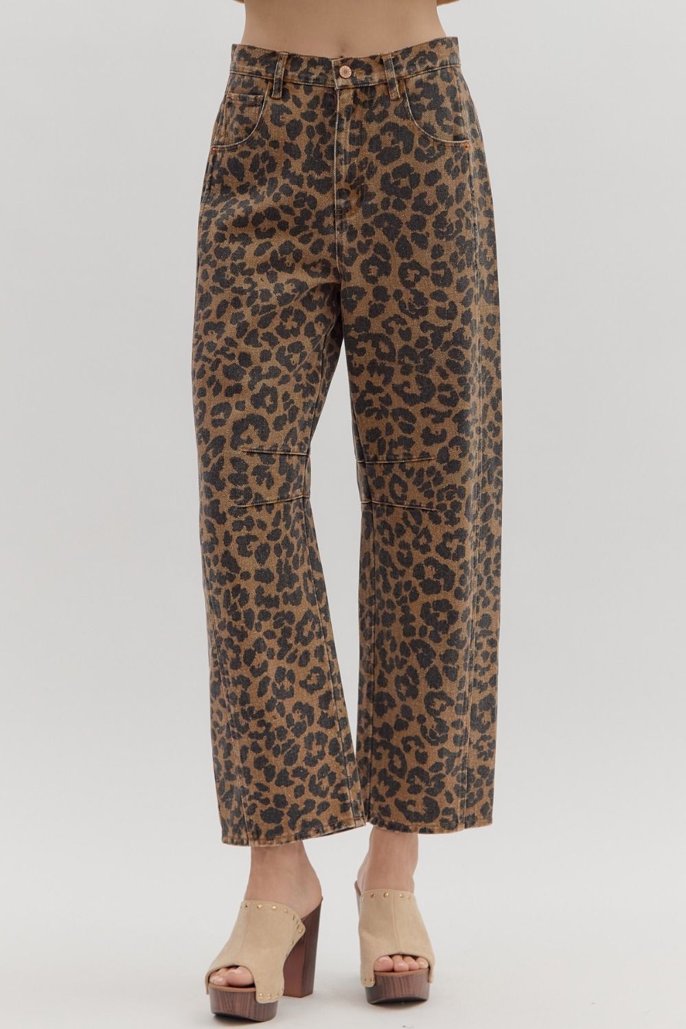 Leopard Prt Ankle Length Pants, Color: BROWN, Size: S