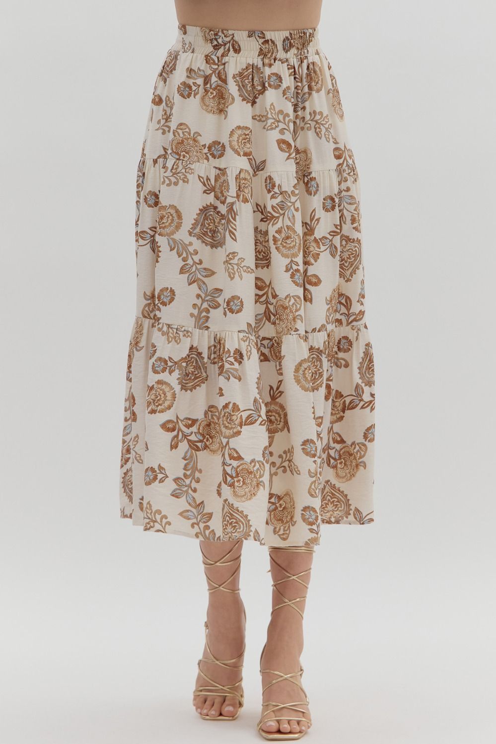 Floral Prt Tiered Midi Skirt, Color: BROWN, Size: S