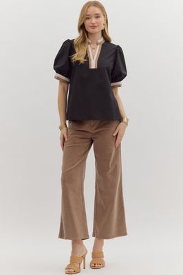 Short Bubble Slv Top W/Multicolor Band Detail