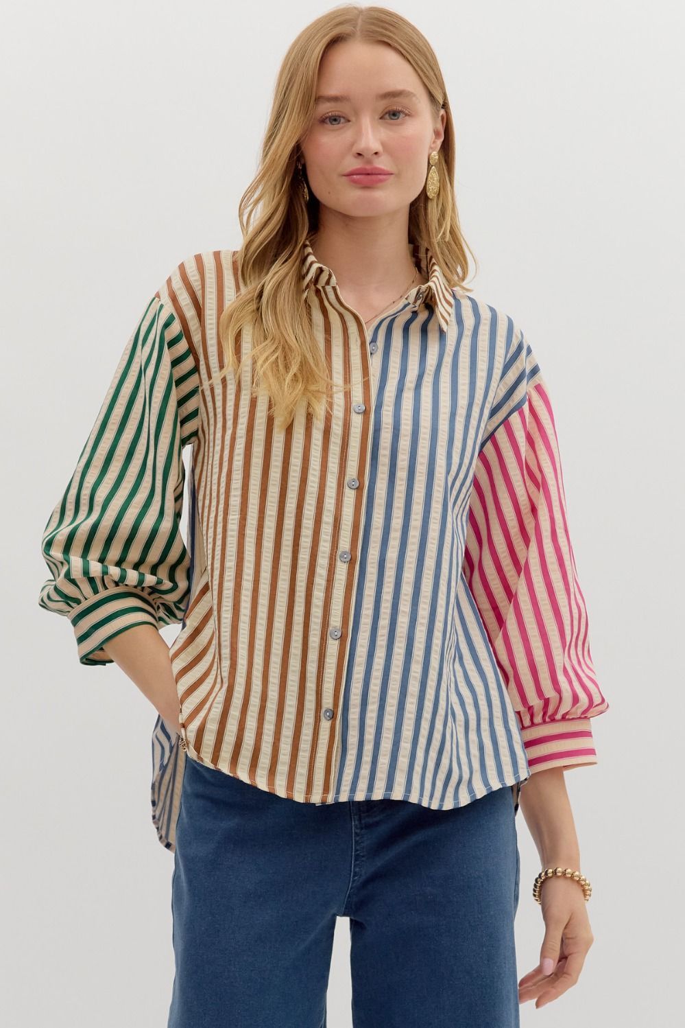 Colorblock Stripe 3/4 Slv Button Shirt, Color: BROWN COMBO, Size: S