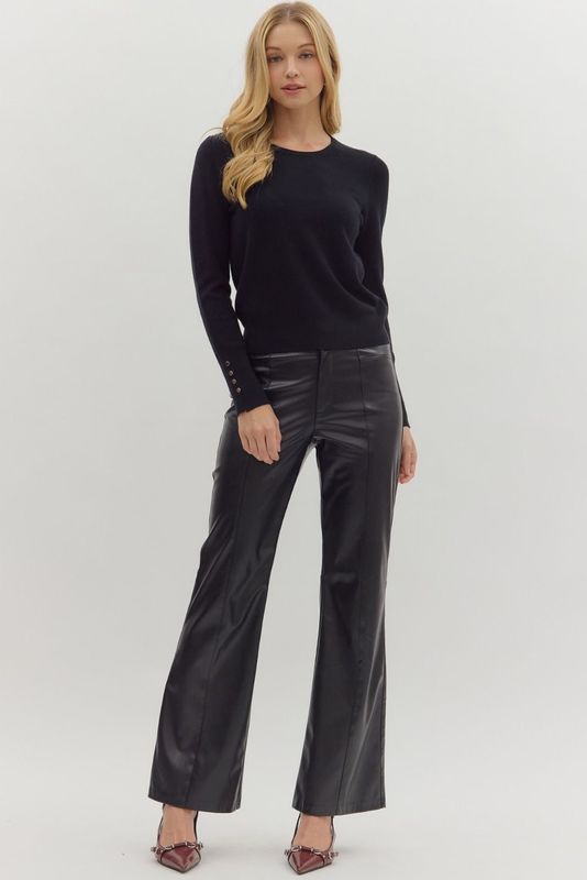 Solid L/S Knit Top W/Button Det Cuffs