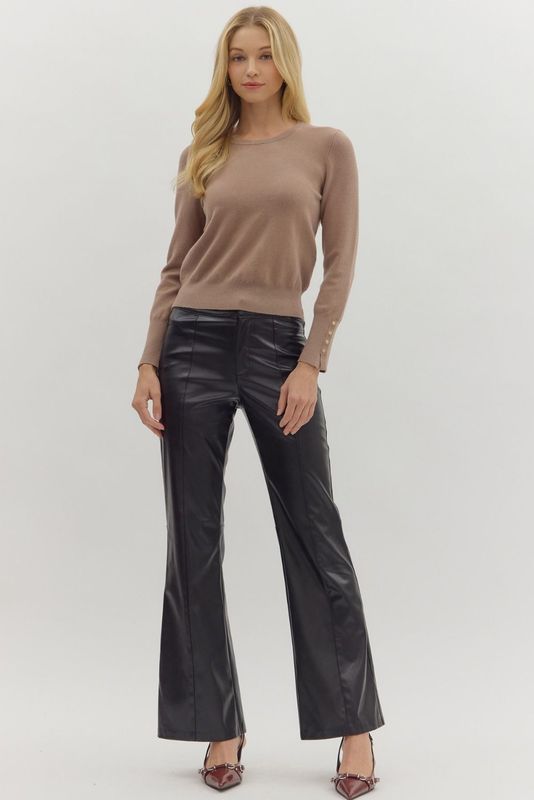 Solid L/S Knit Top W/Button Det Cuffs
