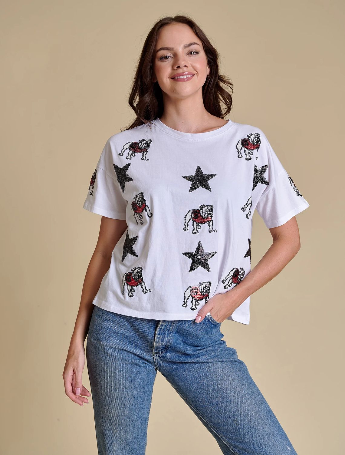 Georgia All Over Sequin Boxy Tee, Color: WHT, Size: XS