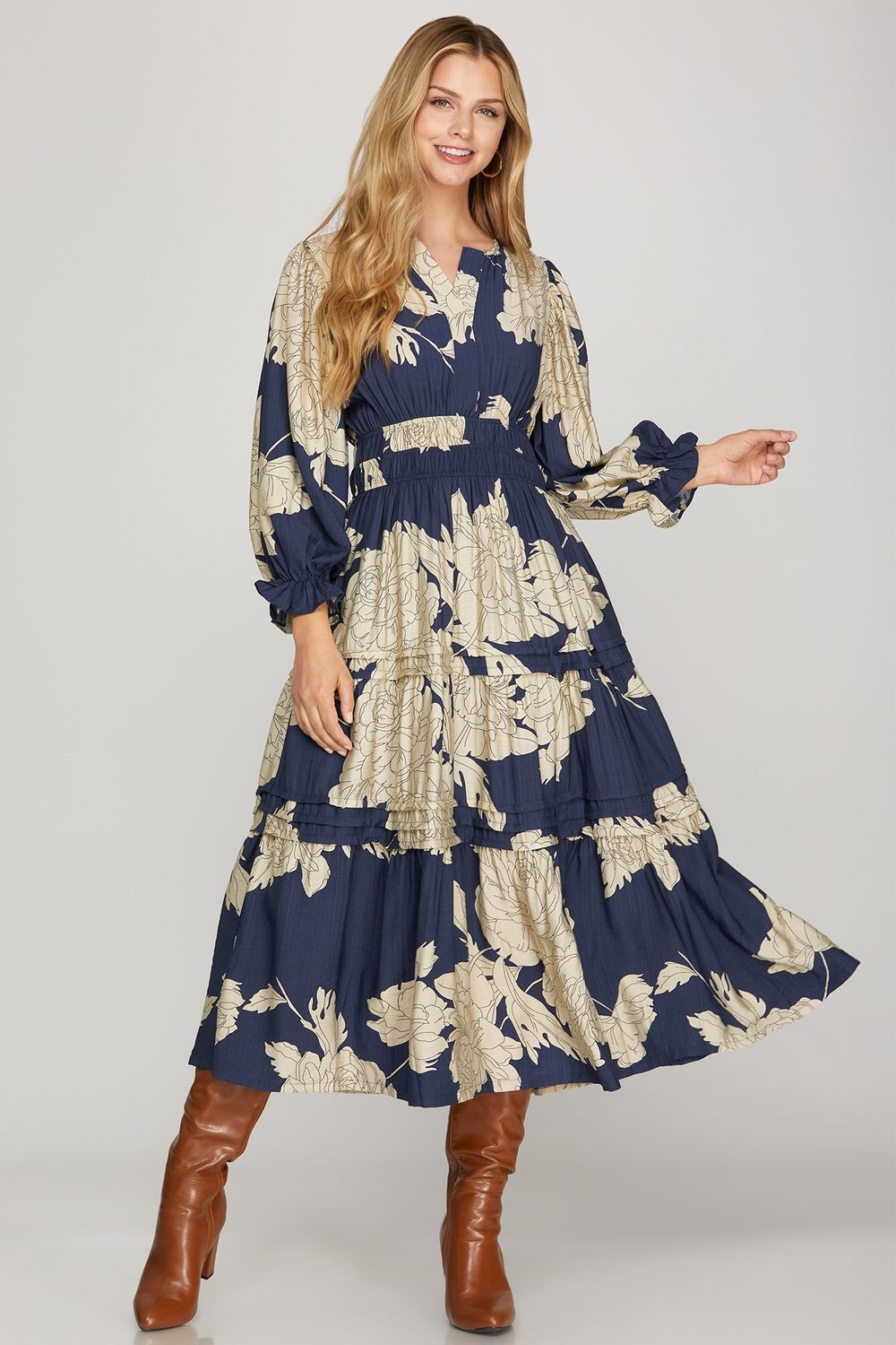 3/4 Slv Floral Pintuck Det Midi Dress, Color: NAVY, Size: S