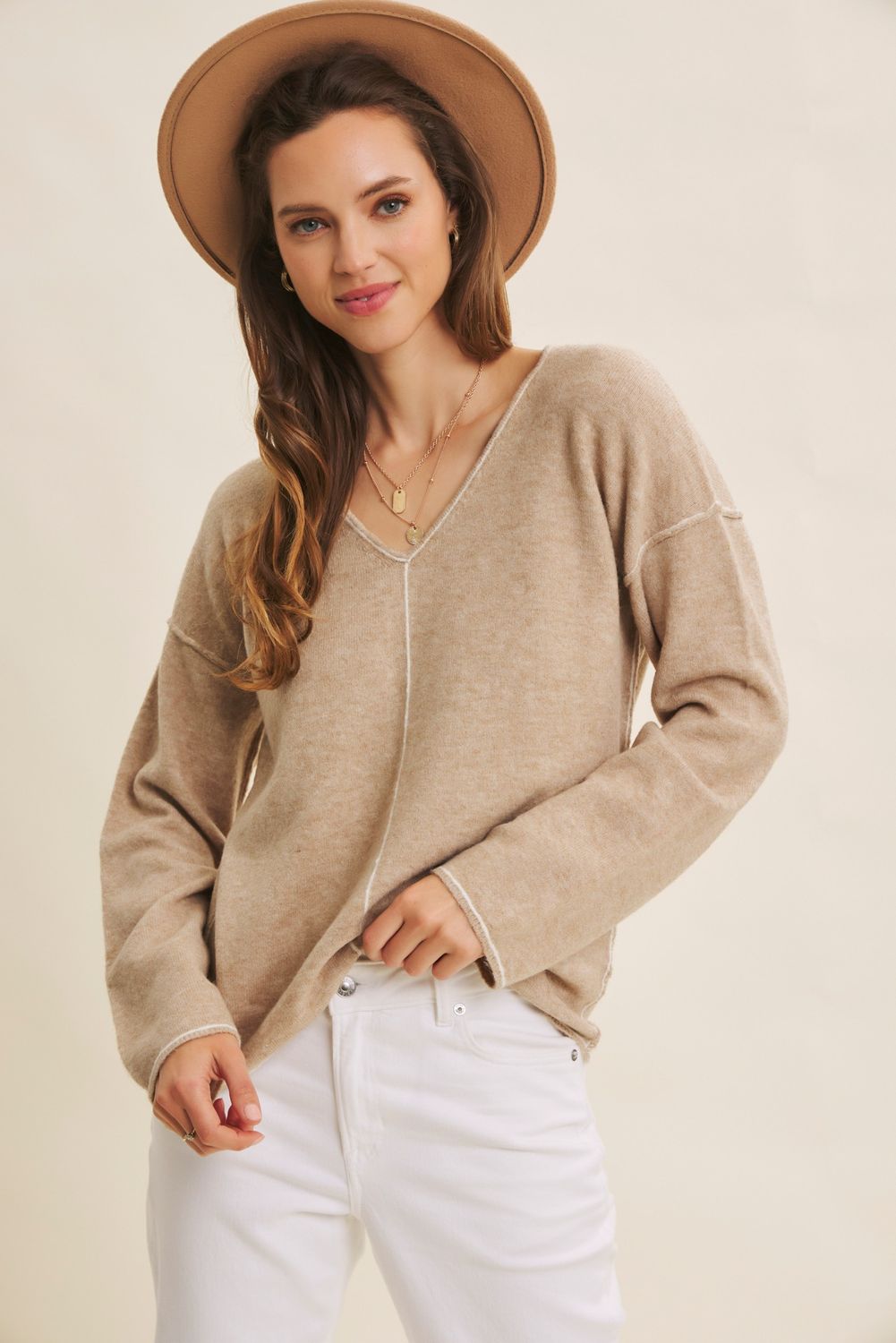 Soft Vneck Contrast Stitching Sweater, Color: OATMEAL, Size: S