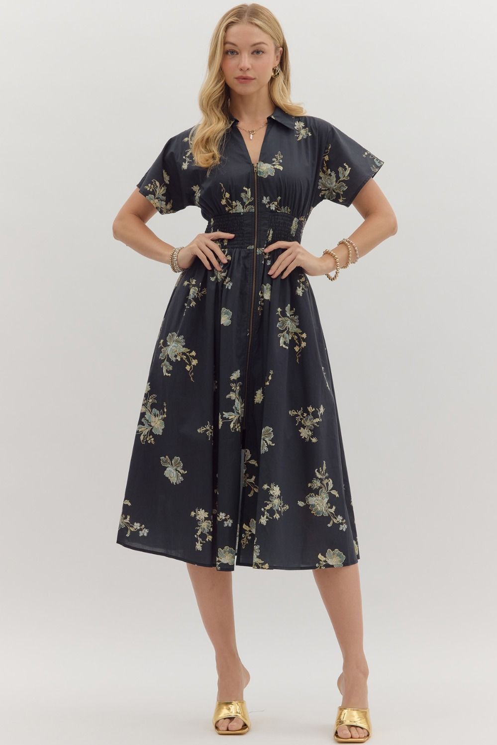 S/S Paisley Prt Zipper Midi Dress