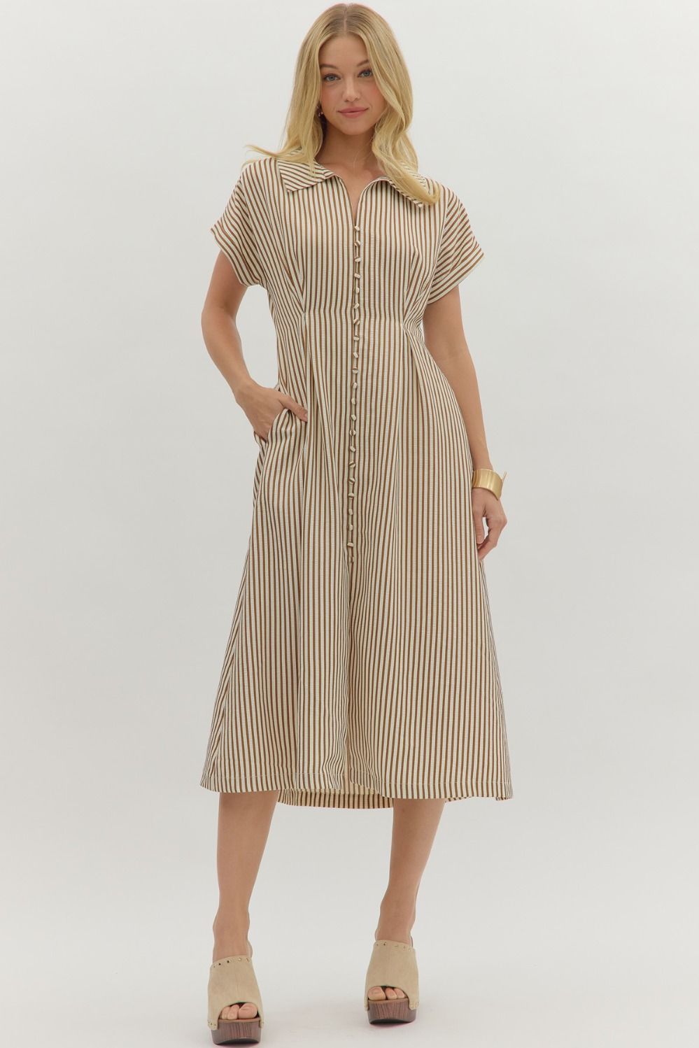 S/S Stripe Button Det Midi Dress