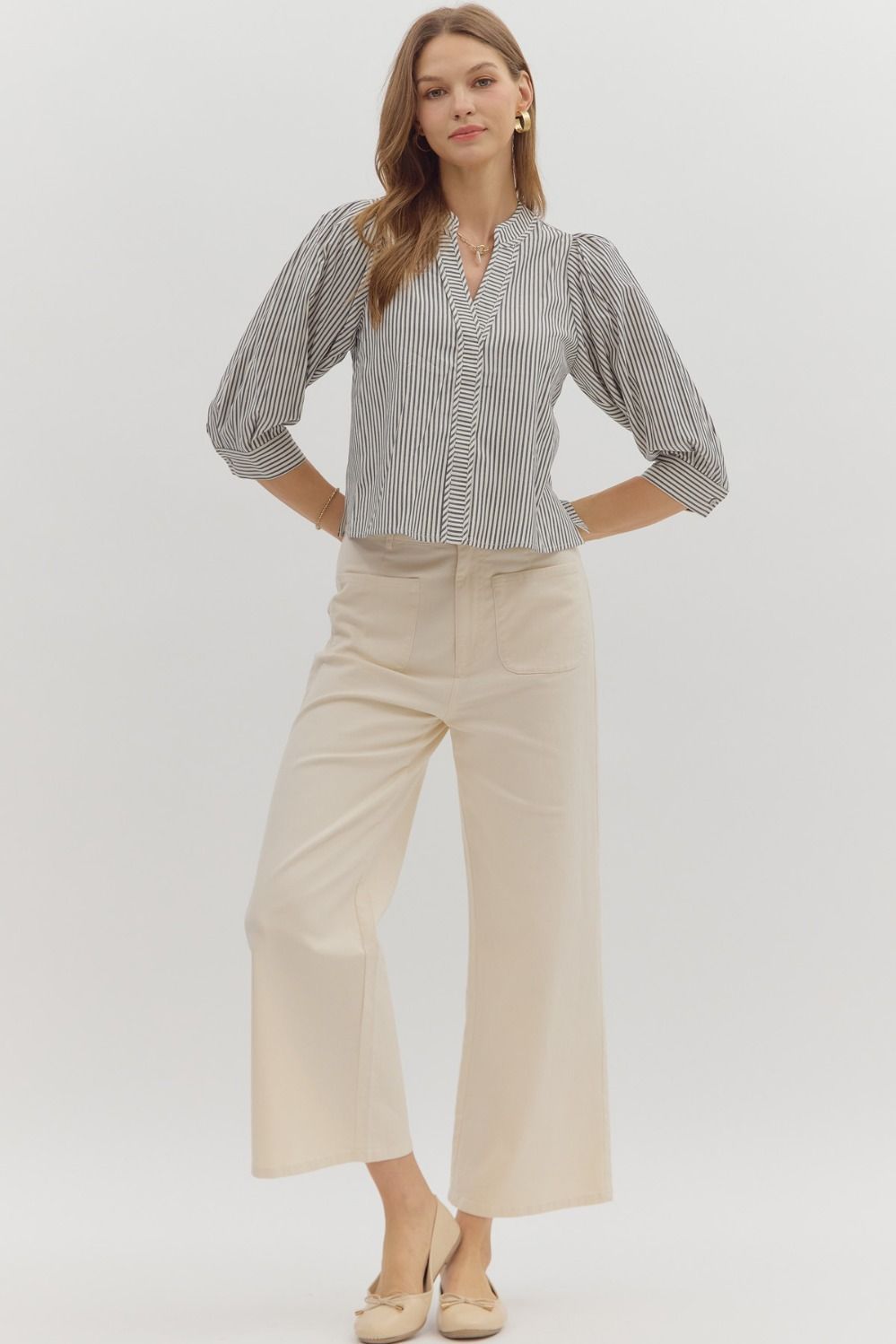 Stripe Vneck 3/4 Slv Top