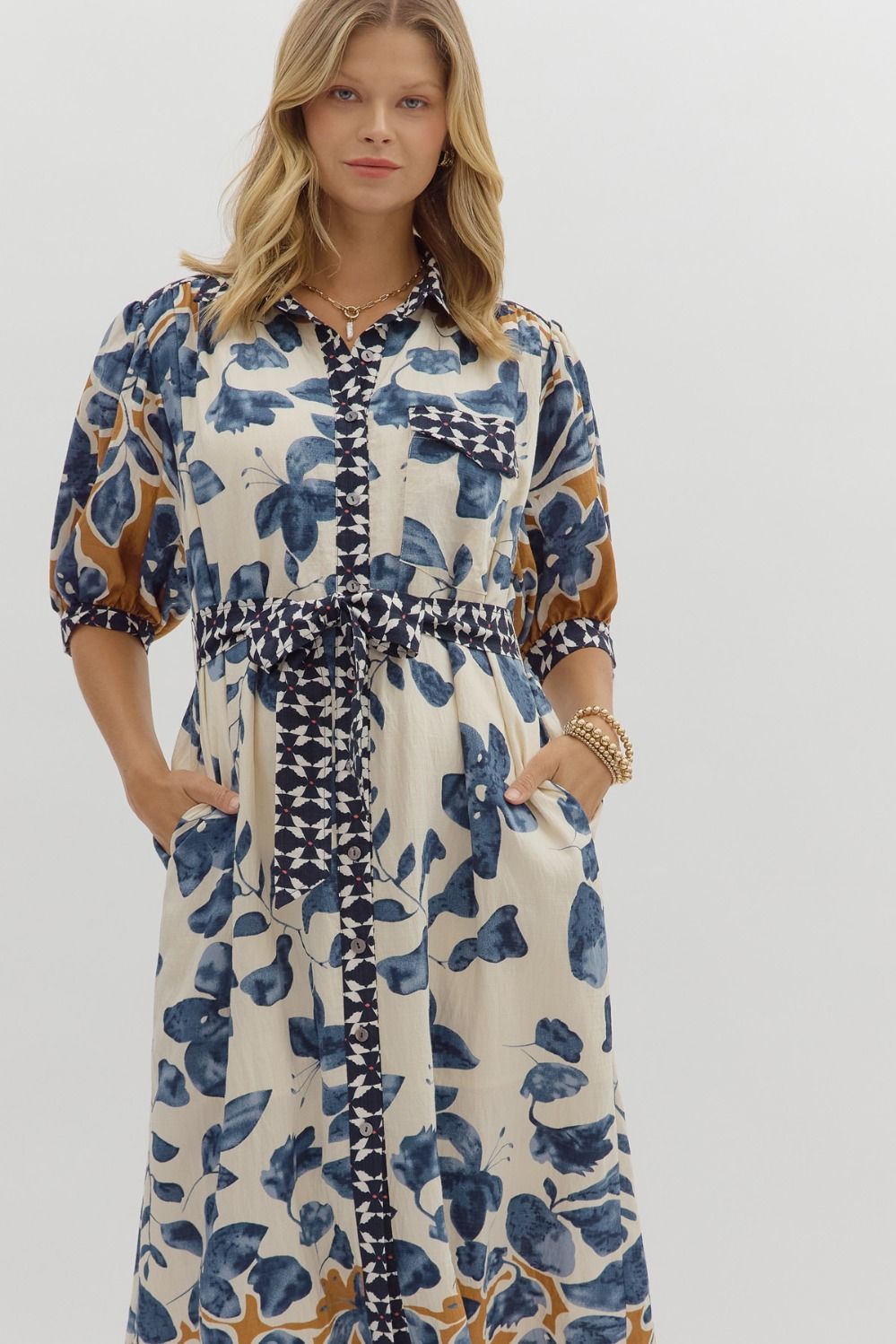 Botanical 3/4 Slv Midi Shirt Dress, Color: SLATE BLUE, Size: S