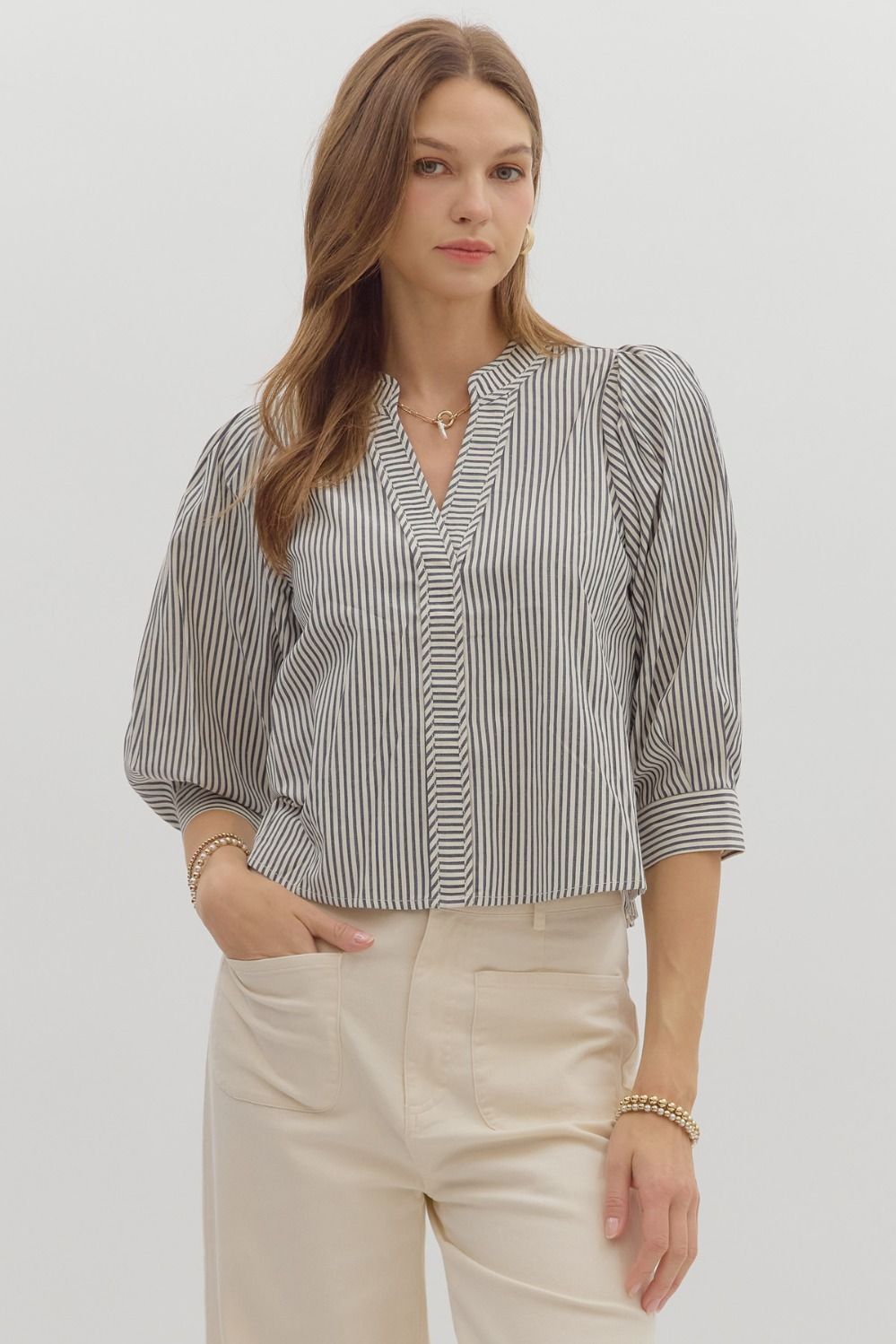 Stripe Vneck 3/4 Slv Top, Color: BLACK, Size: S