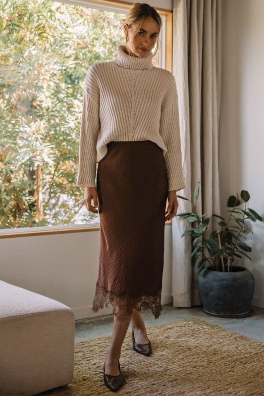 Lace Trim Midi Skirt, Color: DARK BROWN, Size: XS