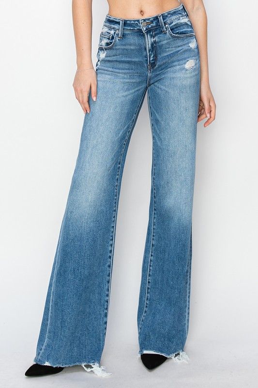 Tummy Control Mid Rise Wide Leg Jeans, Color: MEDIUM, Size: 0