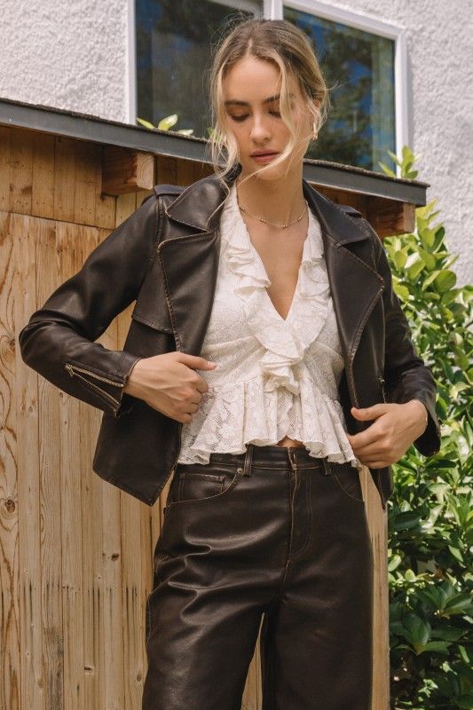 Distressed PU Moto Jacket, Color: COCO BRWN, Size: XS