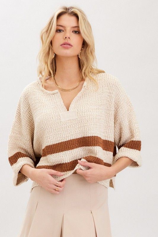 3/4 Slv Striped Sweater Top, Color: WALNUT, Size: S