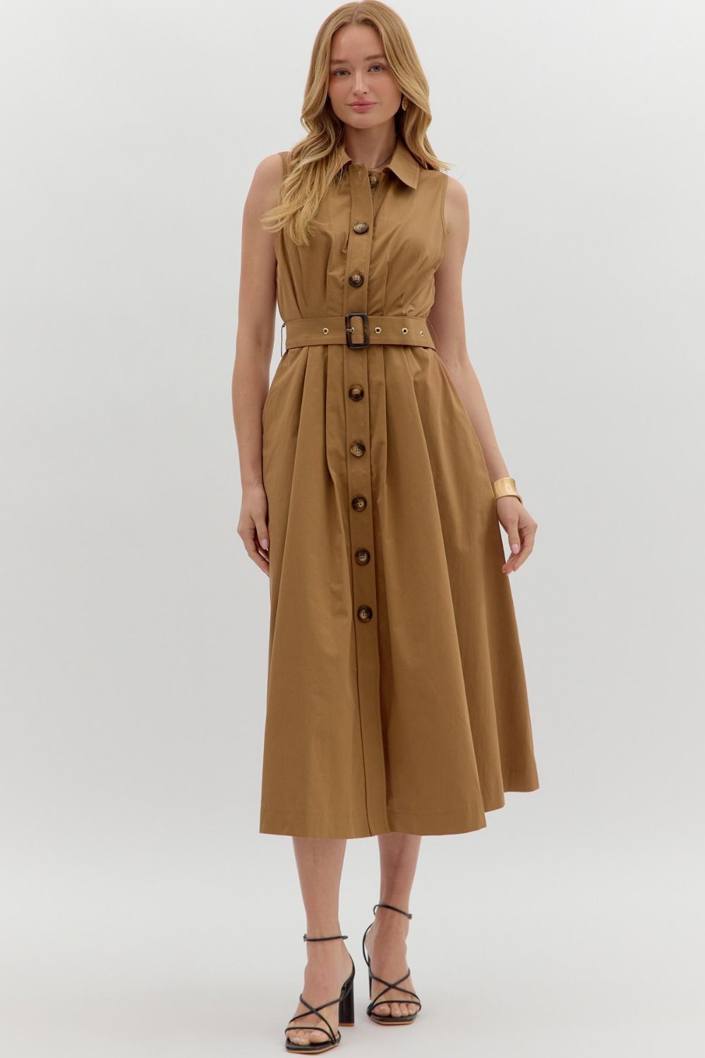 Pleated Midi Dress W/Belt, Color: BROWN, Size: S