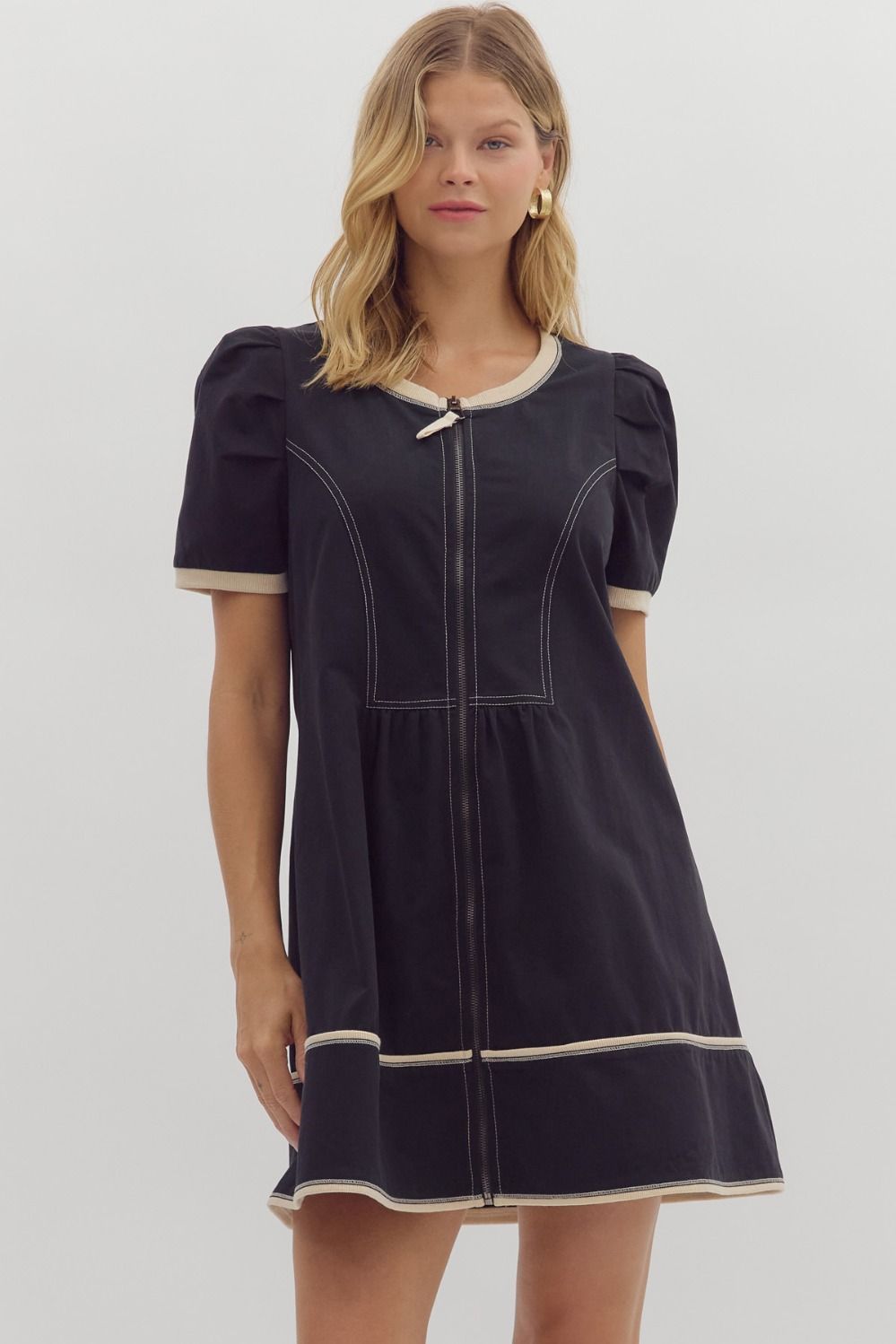 Structured Contrast Det Mini Dress, Color: BLACK, Size: S