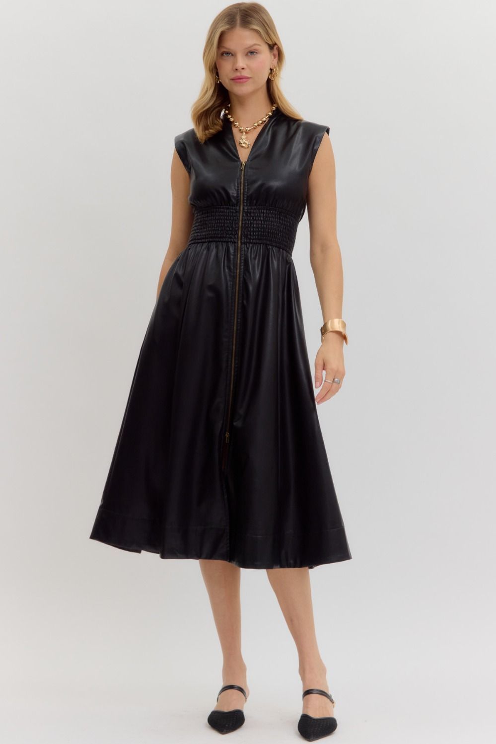 Faux Leather Zipper Midi Dress, Color: BLACK, Size: S