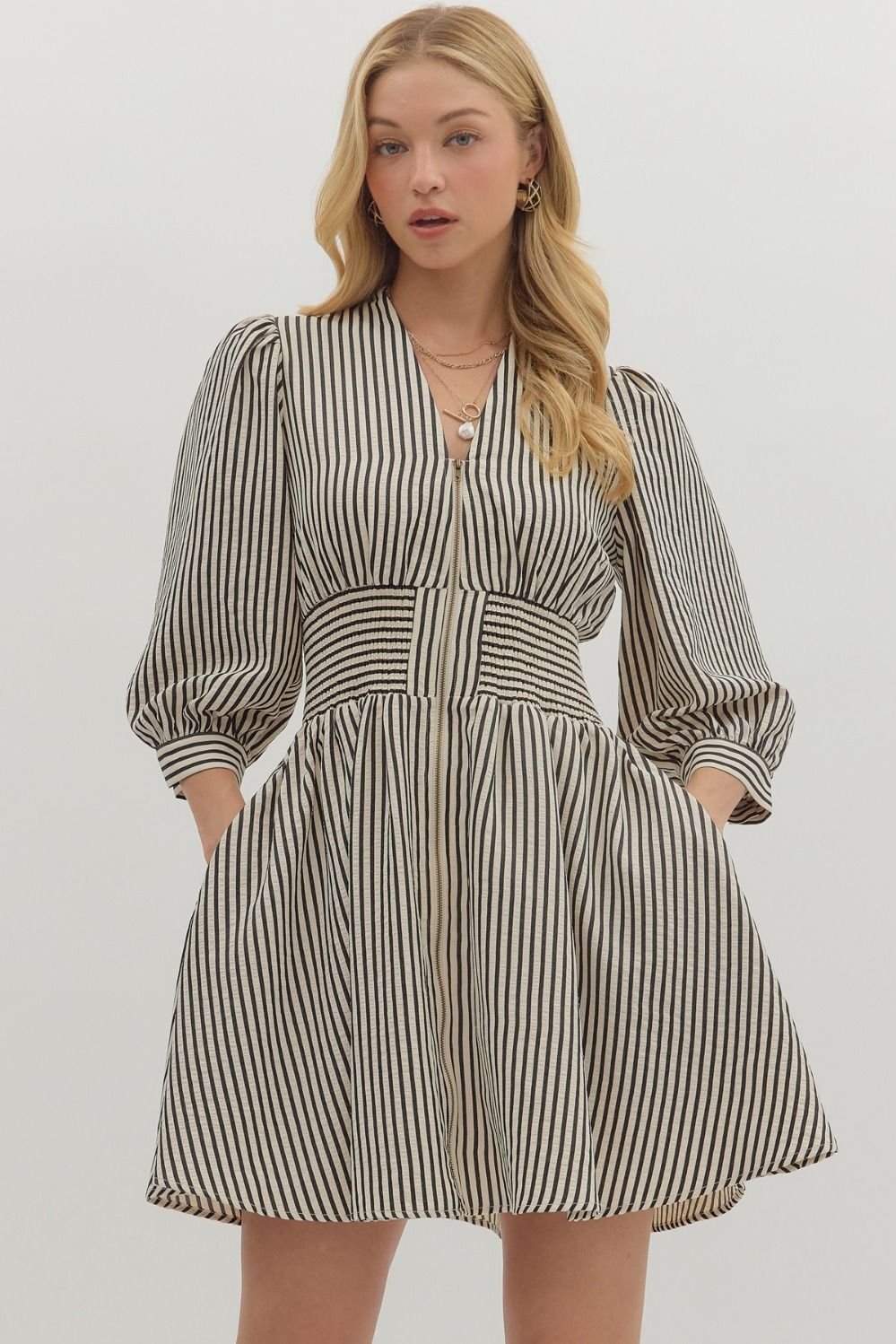 3/4 Slv Stripe Zipper Mini Dress, Color: BLACK, Size: S