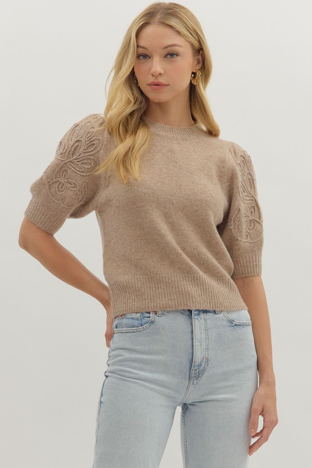 Tonal Embroidery Detail Sweater Top, Color: MOCHA, Size: S